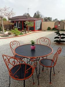 une pause quelque part au jardin des érables et des niwakis في Saint-Médard-de-Guizières: طاولة وكراسي عليها زرع