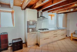 a kitchen with a stove and a sink in it at Fienile ristrutturato in Zago