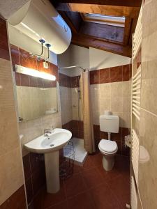 uma casa de banho com um lavatório e um WC em Apartma Popeye em Bovec