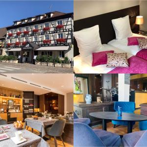 a collage of four pictures of a hotel room at Hôtel L'Auberge Alsacienne in Eguisheim