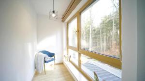 una camera con una grande finestra e una sedia blu di Apartamenty Every Sky Szklarska Poręba - Kilińskiego 17A-17B-17C a Szklarska Poręba