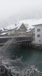 una città ricoperta di neve con edifici e un corpo d'acqua di Maison trois chambres a Schwändi