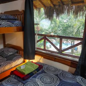 Zimmer mit 2 Etagenbetten und einem Fenster in der Unterkunft Montañita Cabañas in Montañita