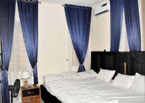 a bedroom with blue curtains and a large bed at FAMVILLE in Ikota