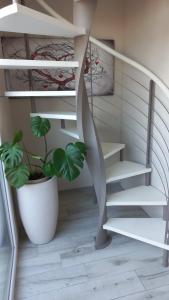 una escalera con una planta en una maceta blanca en piccolo chalet en Marotta