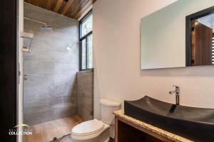 un bagno con lavandino, water e specchio di Cabaña de lujo en La Toscana Mazamitla 1 a Mazamitla