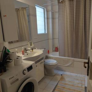 a bathroom with a toilet sink and a washing machine at Family Apartment in Patra