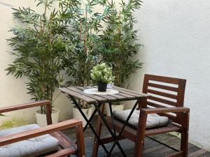 een houten tafel met twee stoelen en een plant bij Amazing Apolônia in Lissabon