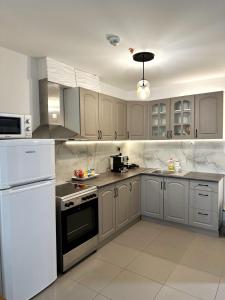 a kitchen with gray cabinets and white appliances at Skyview City Apartment in Skopje