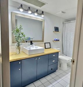 W łazience znajduje się umywalka, lustro i toaleta. w obiekcie The Sunny Paradise w mieście Mont-Tremblant