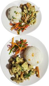 two plates of food with rice and vegetables at Kizumba House in Arusha
