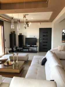uma sala de estar com um sofá branco e uma televisão em Villa Under Meteora em Kalabaka