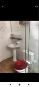 a bathroom with a sink and a toilet and a red rug at Apartamento centro in São Paulo