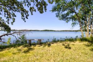 un banco sentado en el césped junto a un lago en Walleye Cabin Spitzer Lakefront Minnesota, en Clitherall