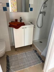 ein Bad mit einem Waschbecken, einer Dusche und einem WC in der Unterkunft La villa Rosa in Bédoin