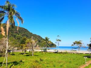 a beach with a palm tree and the ocean at Casa Pé na Areia Cantão do Bora Bora - Manaaki Surf Hostel in São Sebastião