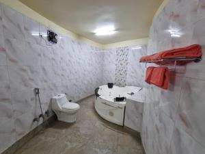een witte badkamer met een toilet en een wastafel bij The Red Soil Country in Siuri
