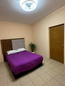 ein Schlafzimmer mit einem Bett mit einer lila Decke in der Unterkunft Habitación privada en casa compartida. in Tepic