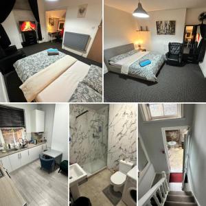 a collage of four pictures of a hotel room at Whitechapel Station Rooms R1 in London