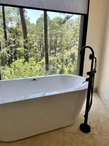une baignoire dans une pièce avec une grande fenêtre dans l'établissement Suite boutique Oyamel en Avándaro, Valle de Bravo, à Valle de Bravo