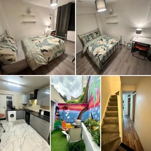 a collage of photos of a bedroom and a room at Bethnal Green Rooms R1 in London