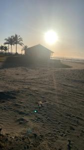 a sunset on a beach with palm trees and a building at Casa do Bert in Itanhaém