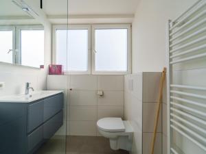 a bathroom with a toilet and a sink and windows at Nice holiday home with sauna near a lake in Simonshaven +32 photos