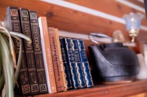 una fila de libros sentados en un estante de libros en Chalet “Lendemain de ville” avec accès au lac, en Saint Adolphe D'Howard