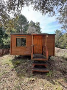a wooden cabin with a staircase in the grass at Hostal de Montaña Pous de la neu in Alfara de Carles