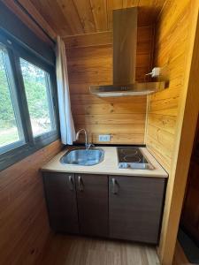 a kitchen with a sink and a stove at Hostal de Montaña Pous de la neu in Alfara de Carles