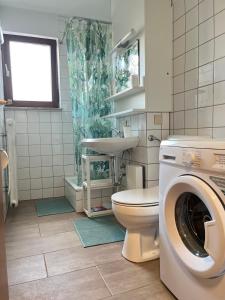 La salle de bains est pourvue de toilettes et d'un lave-linge. dans l'établissement Modernes Apartment-Studio, à Kaiserslautern