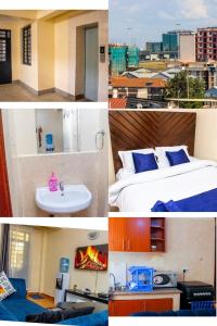 a collage of four pictures of a hotel room at AirBnB in Nairobi