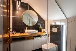 a bathroom with a sink and a mirror at Studio apartman & Wine House ONDINE in Zmajevac +45 photos