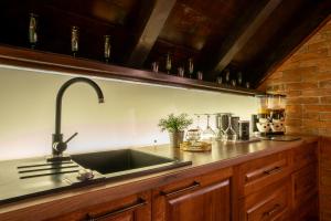 cocina con fregadero y pared de ladrillo en Studio apartman & Wine House ONDINE, en Zmajevac 64 fotos más