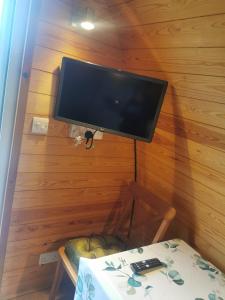 a flat screen tv on a wall with a table at Luxe Glamping In A Tiny Home, Adults Only, Dogs Allowed in Lincolnshire