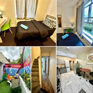 a collage of four pictures of a hotel room at Bethnal Green Rooms R4 in London