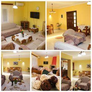 a collage of four pictures of a living room at Nikolas view house in Pelekas