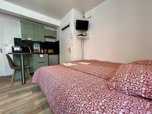 um quarto com uma cama, uma secretária e uma cozinha em Appartement 2 prsn / Proche Centre-Ville em Besançon