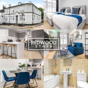 een collage van foto's van een slaapkamer en een huis bij 1 Bed 1 Bath Town Center Apartments For Corporates & Contractors, FREE Parking, WiFi & Netflix By REDWOOD STAYS in Aldershot