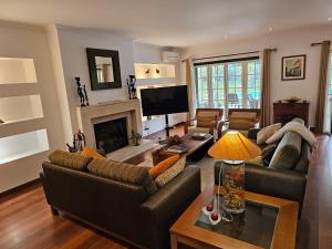 a living room with a couch and a fireplace at Charming Villa Jarros Private pool & Golf in Aroeira