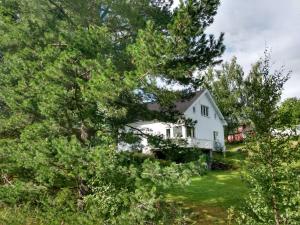 ein weißes Haus auf einem Hügel mit Bäumen in der Unterkunft 1940s house in Vestre Toten in Boverbru