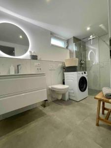 a bathroom with a toilet and a washing machine at DaCasa-Appartement: zentral/SmartTV/24h Check in in Tamm