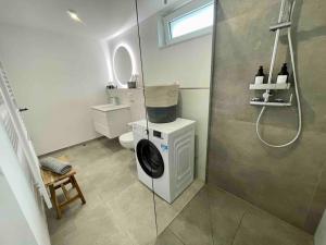 a bathroom with a shower and a washing machine at DaCasa-Appartement: zentral/SmartTV/24h Check in in Tamm