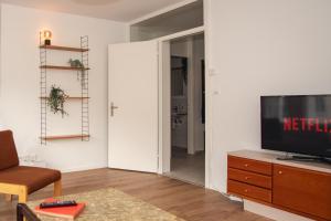 a living room with a television on a dresser at Spacious apartment next to Rhine in Basel