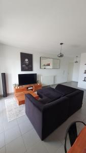 sala de estar con sofá azul y mesa en Appartement 3 pièces + terrasse en Marsella