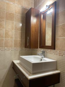 La salle de bains est pourvue d'un lavabo blanc et d'un miroir. dans l'établissement Nereid Skyros House, à Skiros