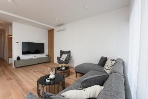 ein Wohnzimmer mit einem Sofa und einem Flachbild-TV in der Unterkunft *Luxury* apt. with *pool* Zadar! in Zadar
