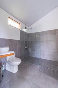 uma casa de banho com um WC e uma cabina de duche em vidro. em Finca Mango - 40 acre paradise 