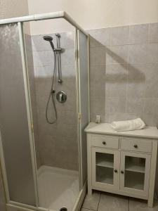 a shower with a glass door next to a sink and a counter at Zoe Recidencias 3 in Boves