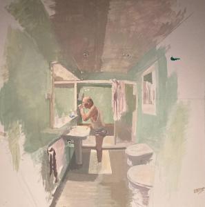 a painting of a man taking a picture in a bathroom at Ses Sucreres Small & Slow Hotel in Ferreries